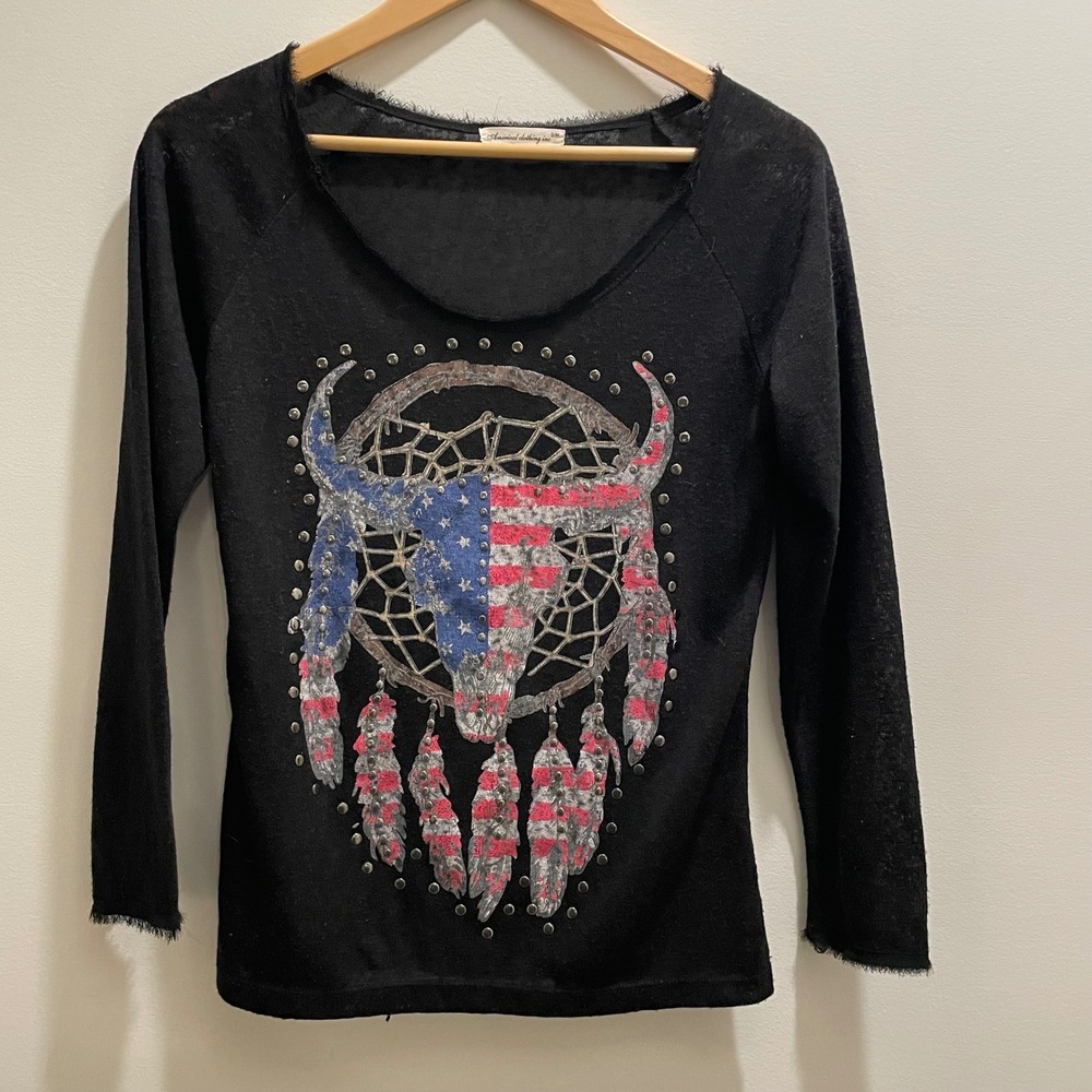Americal‎ Clothing Inc Black Studded Bull Skull Dreamcatcher Top S/M Americana